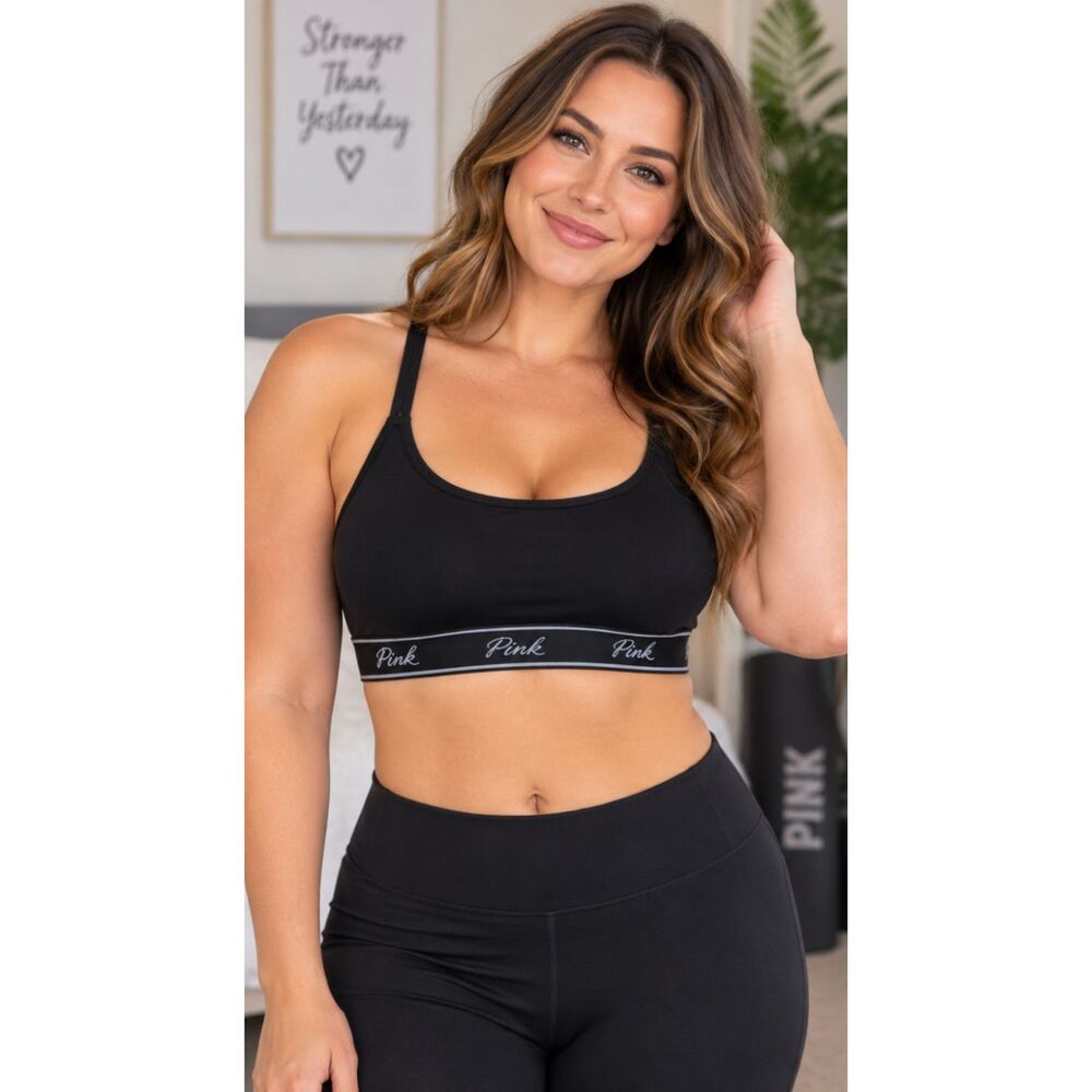 Victoria's Secret PINK Black Sports Bra Women's Large Logo Band NWT